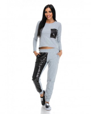 Trening gri din bumbac cu paiete negre