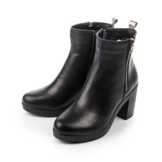 Botine negre din piele cu toc gros