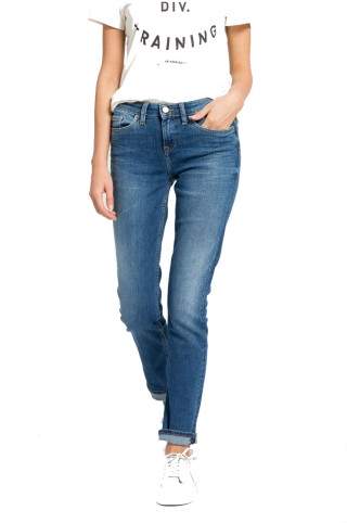 Blugi drepti cu talia regulara din denim spalacit