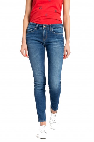 Blugi skinny din denim abrazat decorativ