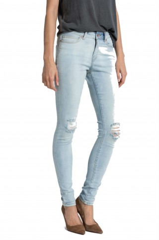 Blugi skinny din denim spalacit cu aspect deteriorat