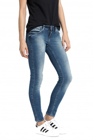 Blugi skinny cu talie joasa din denim decolorat