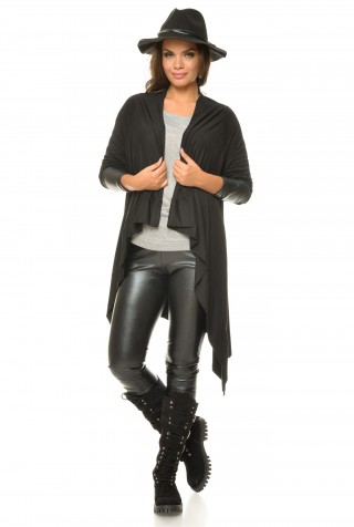 Cardigan asimetric cu aplicatii din piele ecologica