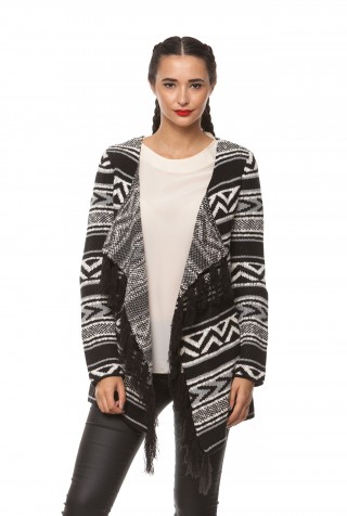Cardigan din tricot cu franjuri, alb/negru