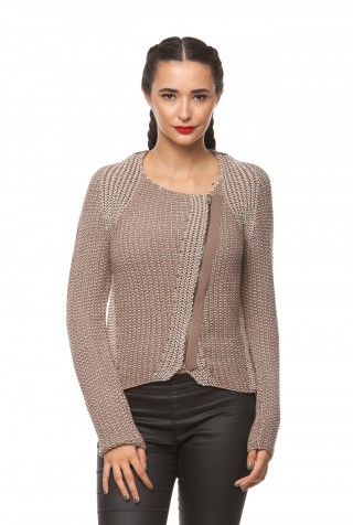Cardigan din tricot cu fermoar asimetric, bej/ maro