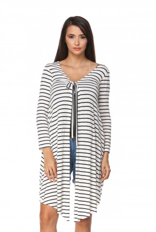 Cardigan alb din bumbac cu dungi bleumarin