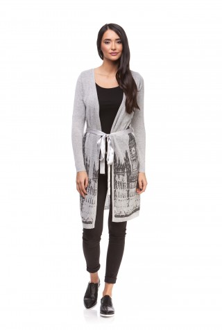 Cardigan gri din vascoza cu imprimeu