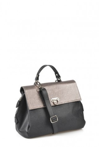 Geanta casual din piele naturala, negru/argintiu