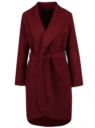 Pardesiu visiniu cu cordon in talie si guler cu revere