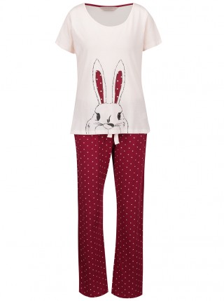 Pijamale crem cu visiniu cu model iepuras