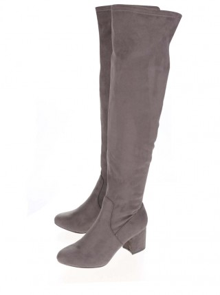 Cizme inalte gri cu toc mediu, de piele intoarsa, lungi peste genunchi