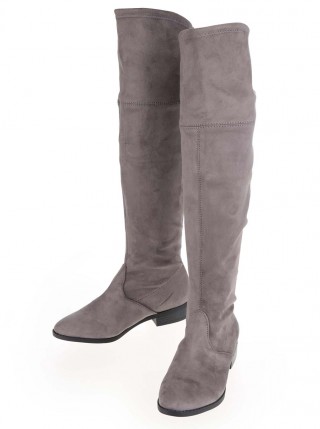 Cizme inalte cu siret la spate gri din piele intoarsa naturala cu talpa joasa