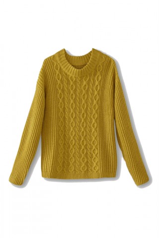 Pulover tricotat in culoarea mustarului
