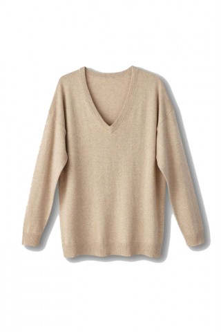 Pulover din bumbac si casmir cu decolteu in V
