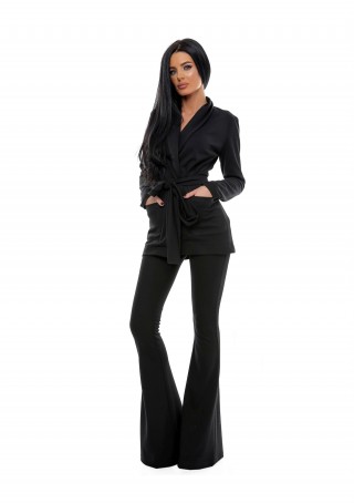 Compleu clasic tip costum din doua piese cu sacou si pantaloni evazati negri