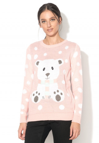 Pulover roz pal cu design urs polar