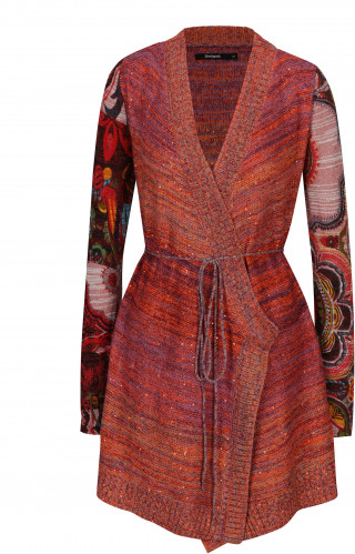 Cardigan portocaliu cu imprimeu Desigual si siret in talie