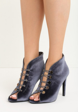 Pantofi stiletto cu toc cui tip botine fara varfuri stil peep toe cu sireturi - din catifea gri-inchis