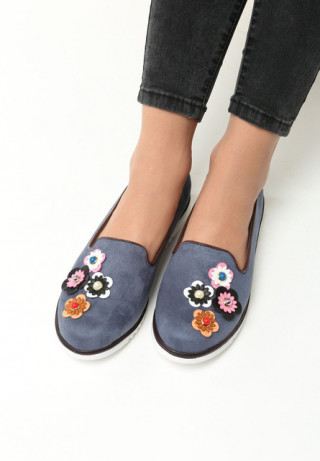 Espadrile tip mocasini cu flori colorate aplicate