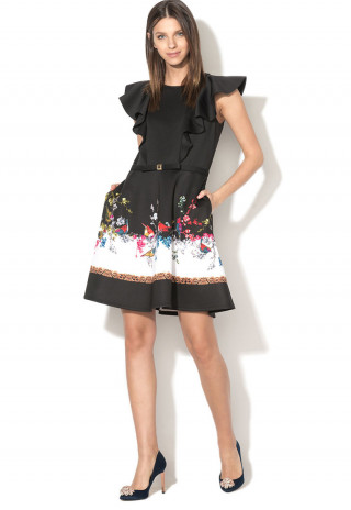 Rochie neagra office cu volan si croiala in A Shaelin