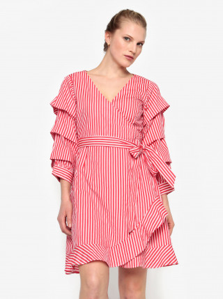 Rochie rosie in dungi cu volane la maneci si cordon in talie