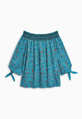 Bluza cu umerii goi albastra cu imprimeu floral si noduri la maneci NEXT