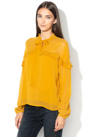 Bluza tip camasa Pepe Jeans London galben-mustar cu volanase romantice si panglica