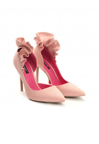 Pantofi stiletto roz pudrat cu toc cui inalt si volanase la spate din piele intoarsa ecologica