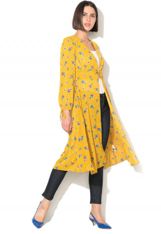 Kimono subtire de vara tip caftan cardigan New Look galben cu imprimeu floral cu flori bleu